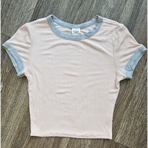 Destined‎ Womens Ribbed Crop Top Medium Pink Gray Short Sleeve Casual Tee